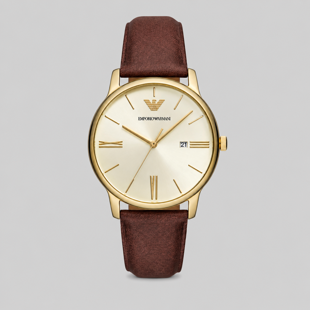 EMPORIO ARMANI THREE-HAND DATE BROWN LEATHER WATCH