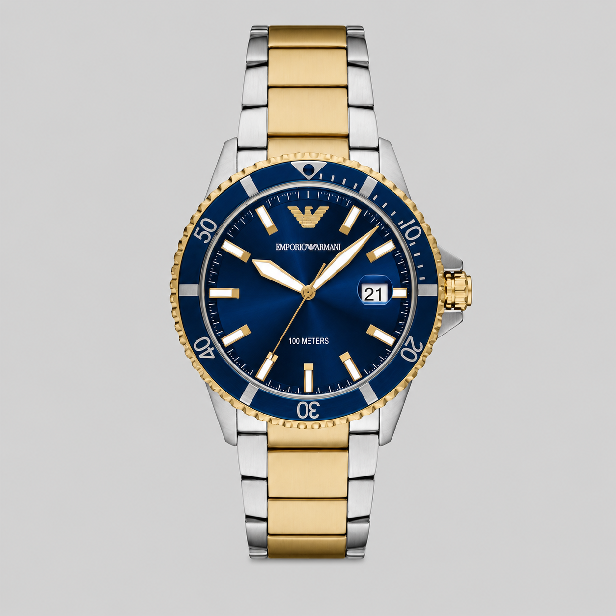 EMPORIO ARMANI WORLD EXPLORER THREE-HAND DATE TWO-TONE STAINLESS STEEL WATCH