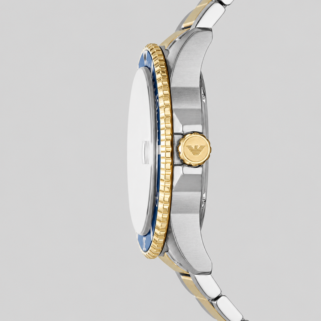 EMPORIO ARMANI WORLD EXPLORER THREE-HAND DATE TWO-TONE STAINLESS STEEL WATCH
