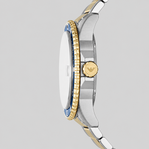 EMPORIO ARMANI WORLD EXPLORER THREE-HAND DATE TWO-TONE STAINLESS STEEL WATCH