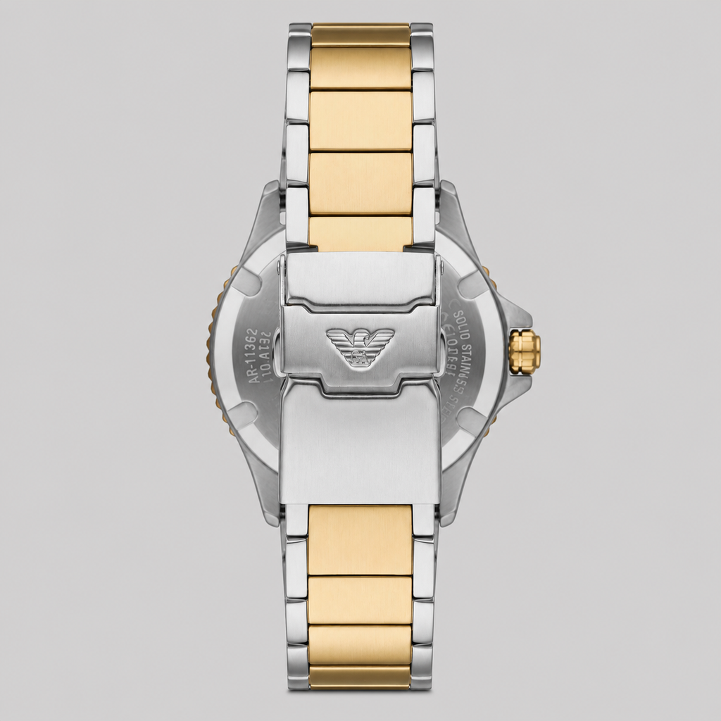 EMPORIO ARMANI WORLD EXPLORER THREE-HAND DATE TWO-TONE STAINLESS STEEL WATCH