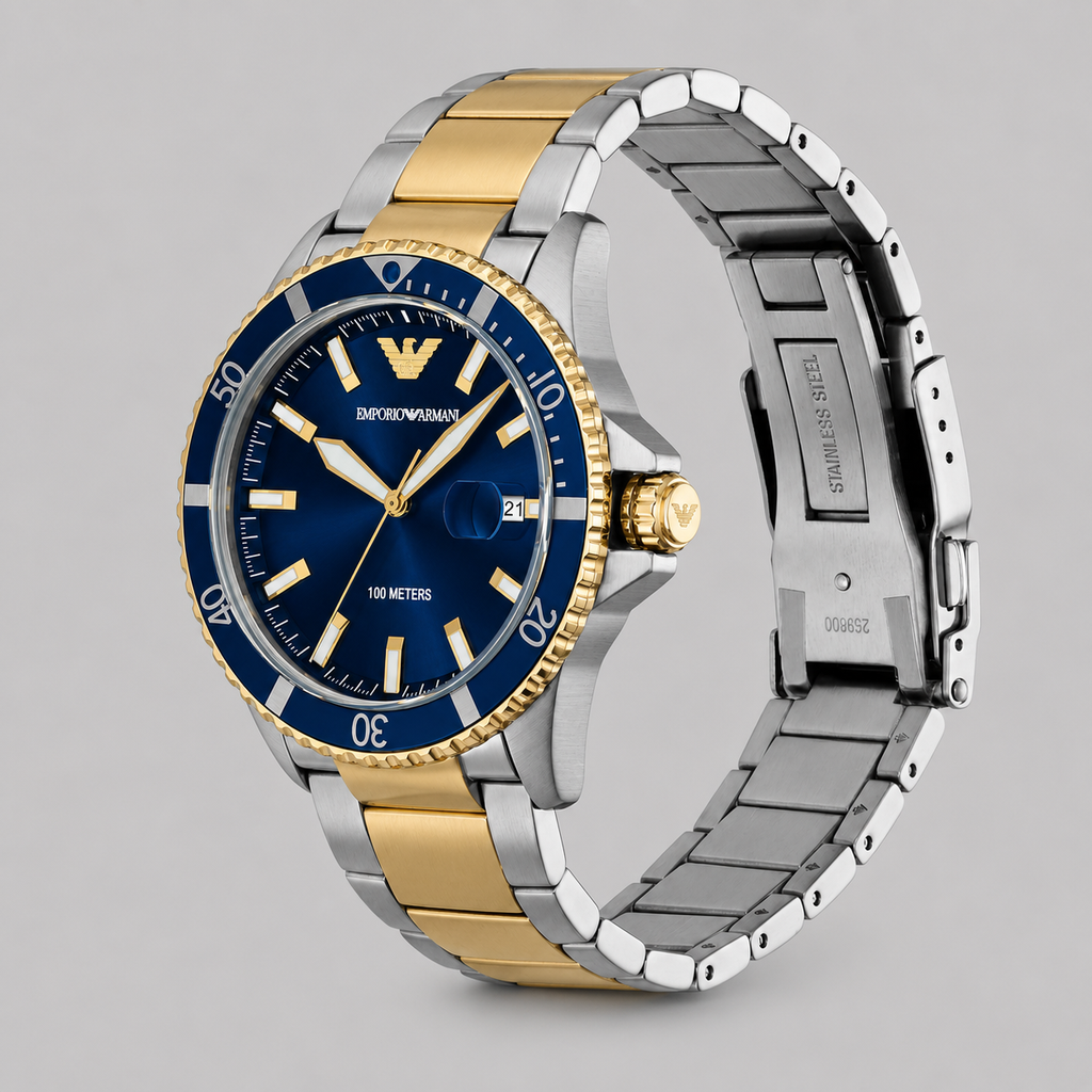 EMPORIO ARMANI WORLD EXPLORER THREE-HAND DATE TWO-TONE STAINLESS STEEL WATCH