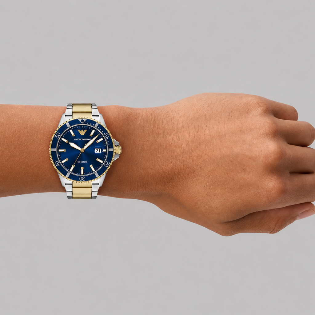 EMPORIO ARMANI WORLD EXPLORER THREE-HAND DATE TWO-TONE STAINLESS STEEL WATCH