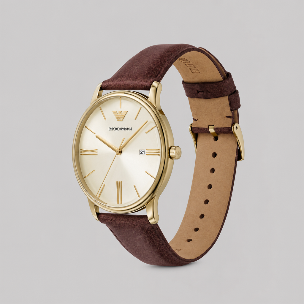 EMPORIO ARMANI THREE-HAND DATE BROWN LEATHER WATCH
