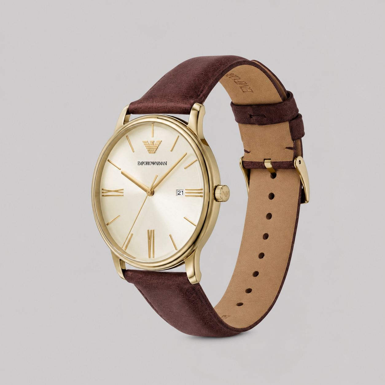 EMPORIO ARMANI THREE-HAND DATE BROWN LEATHER WATCH