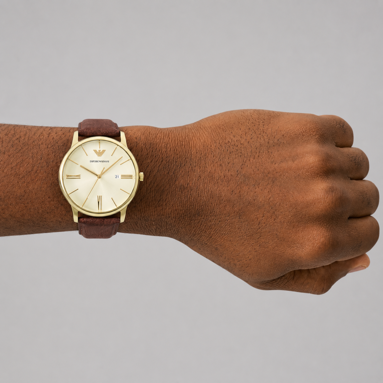 EMPORIO ARMANI THREE-HAND DATE BROWN LEATHER WATCH